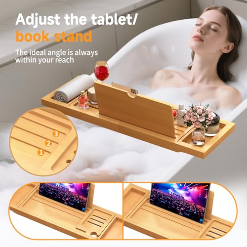 Premium Bamboo Bathtub Caddy Tray with Extending Sides, Adjustable Wood Bath Tray for Luxury Bath, Fits Most Tubs, Accessories Gift Idea