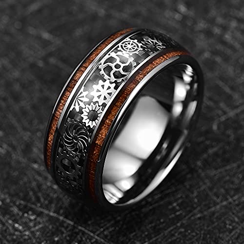 10mm Silver Tungsten Rings for Men Steampunk Gear & Wood Inlay Size 14