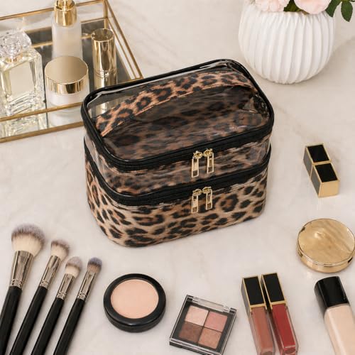 imerelez Double-layer Cosmetic Bag Makeup Bag Travel Makeup Bag Makeup Bags for Women Cosmetics Cases Portable Waterproof Foldable (Leopard)
