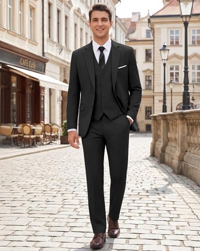 WULFUL Men's Slim Fit 3 Piece Suits Two Button Blazer Vest & Pants Tuxedo Set for Business Wedding Party Black