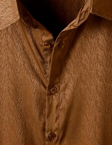 ZEROYAA Men's Luxury Shiny Satin Jacquard Shirt Modern Fit Short Sleeve Button Down Shirts for Summer Party Prom Brown Large