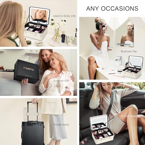 Faquenc Leather Makeup Case with LED Lighted Mirror 11.4 Inch Travel Makeup Bag Adjustable Brightness in 3 Colors Cosmetic Organizer Artist Storage Bag with Dividers Brush Holder Bag Vanity White