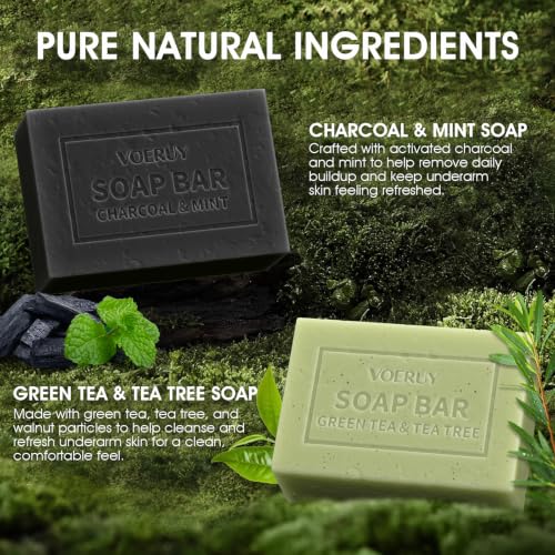 Underarm Detox Soap, 2 Pcs Armpit Detox Soap with Green Tea & Tea Tree, Charcoal & Mint for Eliminating Odor, Exfoliating, Moisturizing , Bar Soaps for Legs, Knee, Feet, Hands Whole Body - 10 oz（280g）