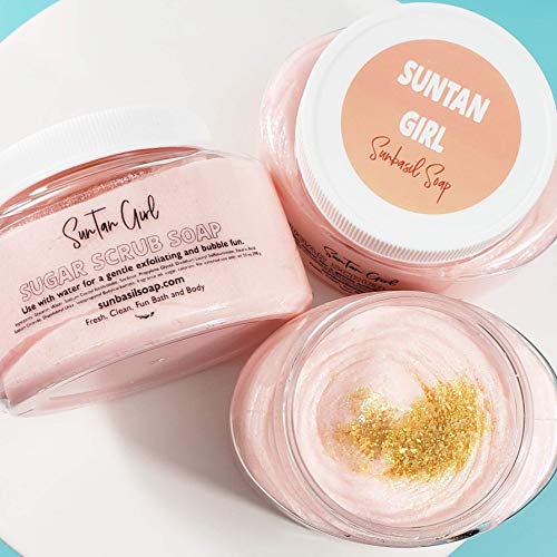 Suntan Girl whipped sugar scrub soap. Summer beach gift for her. Nostalgic tan lotion fragrance