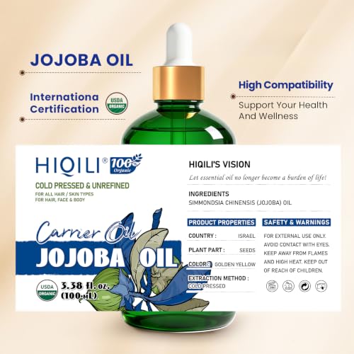 HIQILI Organic Jojoba Oil Cold Pressed for Hair, Nail & Skin Care