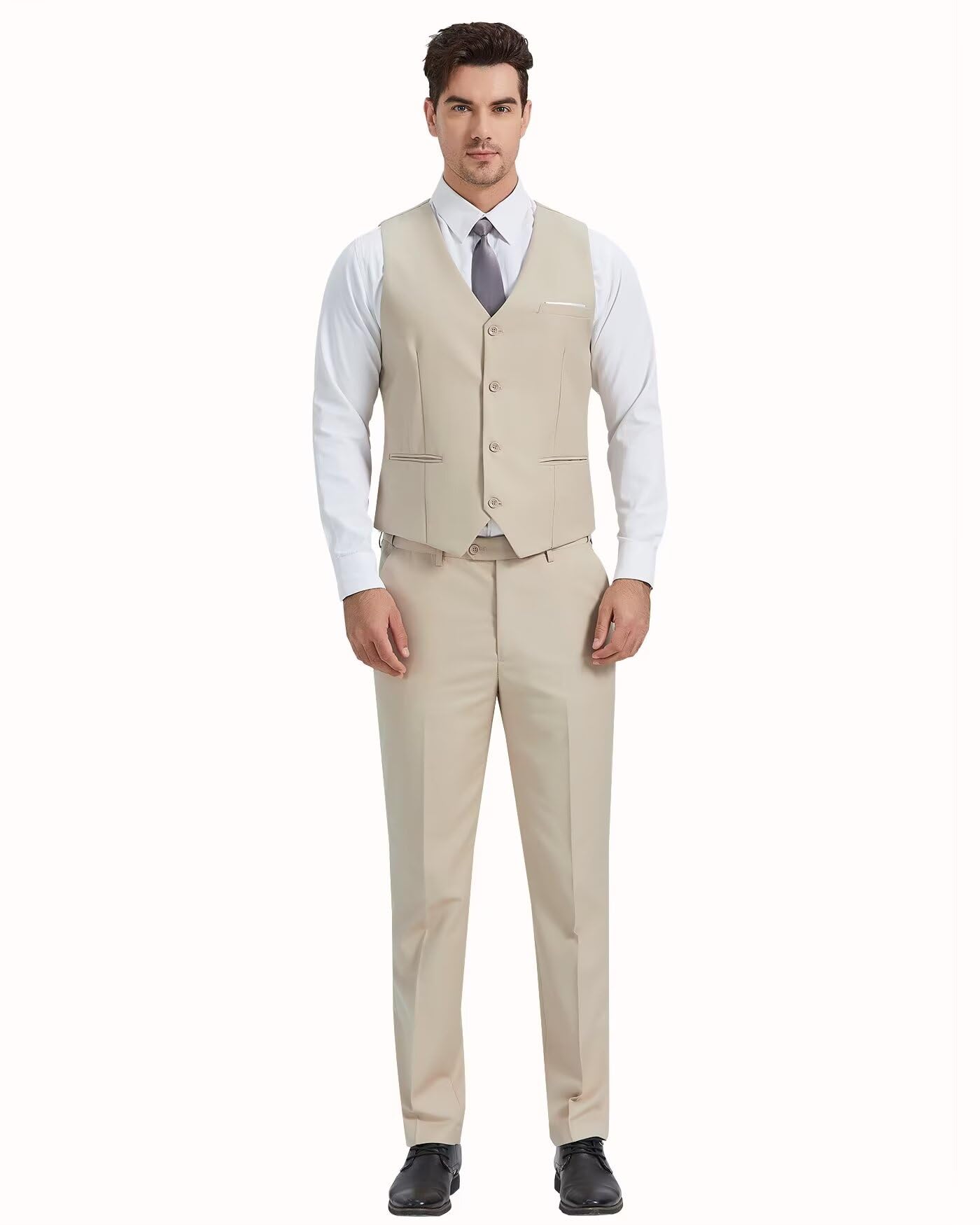Men's Slim Fit 3 Pieces Suit, 2 Buttons Beige Blazer Vest Pants with Tie Set, Business Wedding Tuxedo M