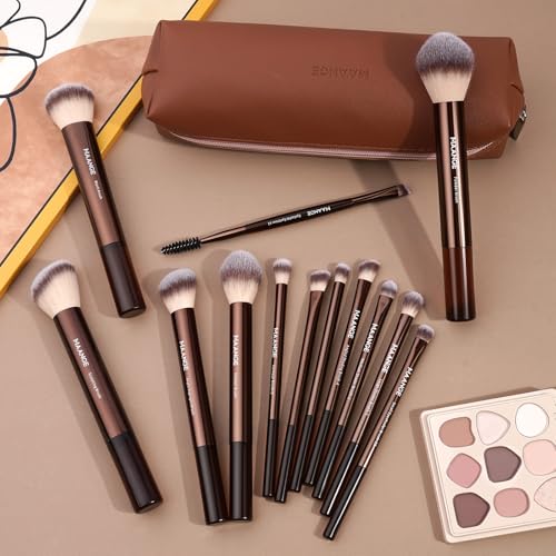 MAANGE 13 PCS Makeup Brushes Professional Make Up Brushes Premium Synthetic Powder Concealers Brushes Travel Makeup Brush Set with Case (Coffee)