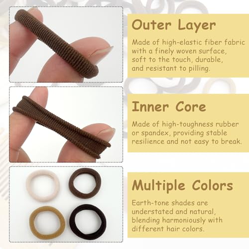 100PCS Seamless Thick Ponytail Holders, Brown Cotton Elastic Hair Bands&Ties - No-Crease, No-Damage for Women, Kids & Babies