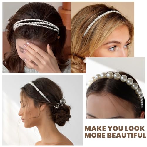 YONOY Pearl Headbands for Women, White Faux Pearl Hair Accessories, Dainty Bling Hairbands, 6 Pack, Perfect for Wedding Events