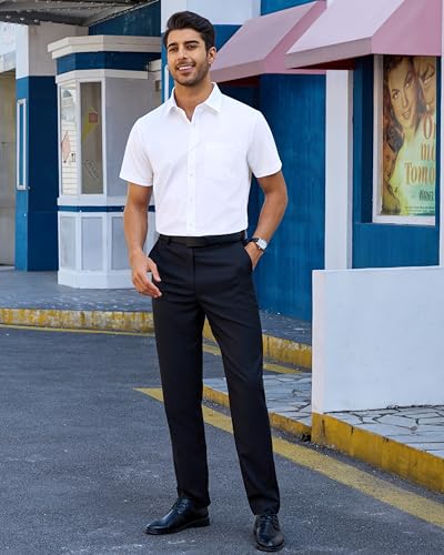 Alimens & Gentle Mens Dress Shirts Short Sleeve Wrinkle Free White Button Down Shirt Summer Wedding Shirts with Pocket