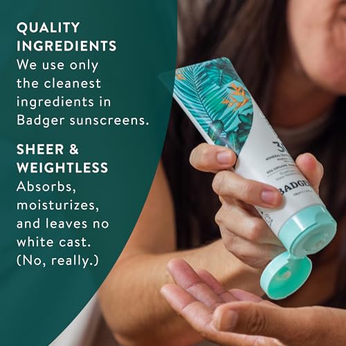 Badger Mineral Daily Sunscreen with Zinc Oxide, SPF 30, Lightweight & Easy to Apply w/No White Cast, Moisturizing Organic Sunscreen, Reef Safe, Vegan, Unscented, 4 fl oz