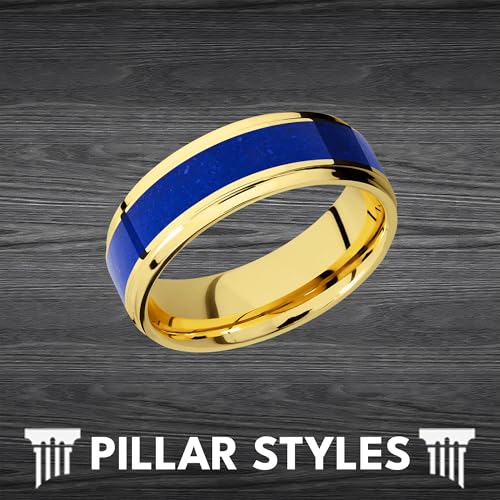 14K Gold Ring Lapis Lazuli Wedding Bands Luminous Blue Tungsten Rings for Men with Step Edges Durable Comfort Fit Sizing 8mm Unique Yellow Gold Anniversary Gifts for Him