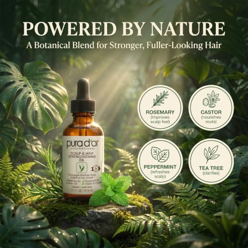 PURA D'OR Scalp & Hair Strengthening Oil Supports Optimal Growth, Reduce Breakage, Nourish Roots for Healthier, Fuller, Thicker Hair - Rosemary, Castor & Peppermint Oil: 3.3 Oz Ayurvedic Hair Care