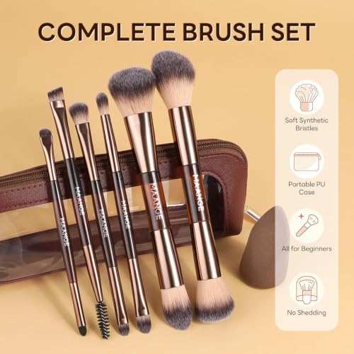 MAANGE 6Pcs Double Ended Makeup Brush Set with Makeup Sponge & Travel Bag
