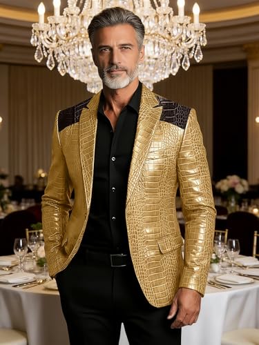 Men's Faux Leather Blazer Crocodile Embossed Jacket Genuine Alligator Crocodile Print Leather Sports Coat Black