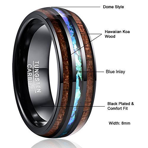 Vakki Mens Black Tungsten Wedding Band, Blue Opal Inlay, 8mm Size 10