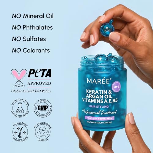 MAREE Hair Serum for Frizzy Dry Hair – Styling Capsules with Keratin, Argan Oil, Vitamins A E B5 – UV & Heat Protectant Frizz Control Serum for Women – Aceite Para el Cabello Treatment