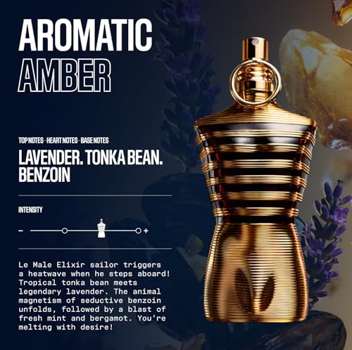 Jean Paul Gaultier Le Male Elixir Parfum - Long Lasting Woody Aromatic Cologne for Men with Lavender, Tonka Bean & Warm Amber - Luxury Elixir Parfum, 4.2 oz