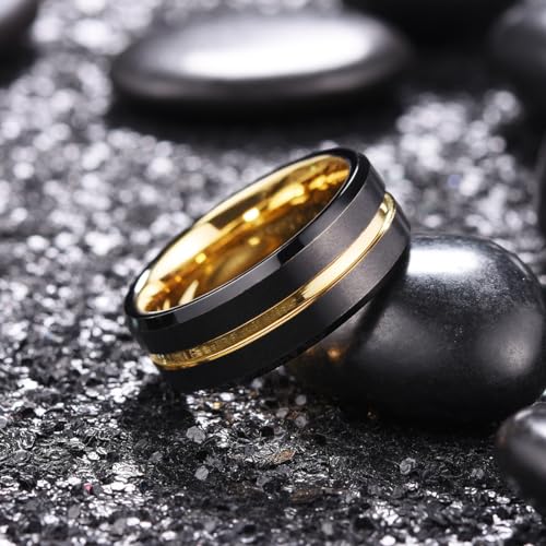 King Will 8mm Tungsten Wedding Band Black & Gold Grooved Center Size 10