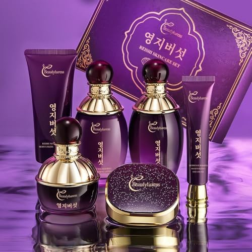 Ganoderma Lucidum Skincare Set - Face Care Kit with Collagen,Niacinamide, Hyaluronic Acid - Anti aging & Firming Skin, Face Care Gift Set for Women Include Toner, Serum, Lotion, Eye Cream, Face Cream