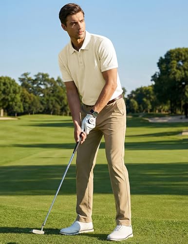 JMIERR Men's Business Casual Polo Shirt Jacquard Textured Golf Polos Quiet Luxury T Shirt, US40(M), Beige