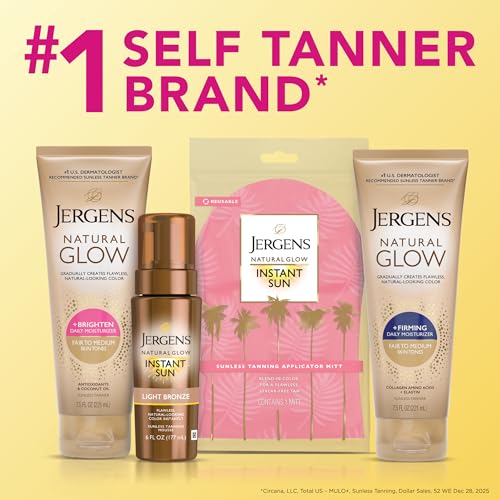 Jergens Natural Glow +Firming Self Tanner Body Lotion, Fair to Medium Skin Tone, Sunless Tanning Moisturizer with Collagen and Elastin. Helps to Visibly Reduce Cellulite, 7.5 Fl Oz