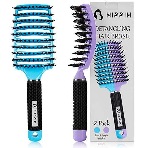 HIPPIH Boar Bristle Hair Brush Set of 2, Detangling Smoothing for Wet & Dry