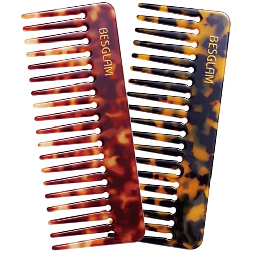 BESGLAM Wide Tooth Comb for Curls & Thick Hair - Large Detangling Comb for Women, 6 Inch Full-hand Length Acetate (Anti-Static), Wet/Dry Use, Reduces Breakage, 2 Pack (Tortoise & Tokyo)