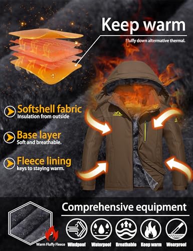 TACVASEN Men's Winter Ski Jacket Waterproof Snow Coats Snowboard Fleece Lining Jacket Warm Parka with Hooded Brown M