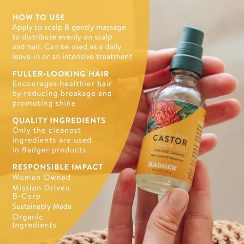 Badger Organic Castor Hair Oil for Thicker Fuller Looking Hair, 100% Organic Castor Oil for Hair Growth & Restoration, Red Clover & Peppermint, Deep Hydrating Hair Oil, 2 fl oz Glass Bottle