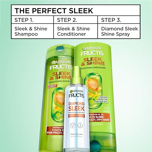 Garnier Fructis Diamond Sleek Hair Shine Spray, Up to 100-Hour Frizz Control, Heat Protectant up to 450°F with Vegan Keratin Smoothing Complex and Argan Oil for Frizzy, Dry, Dull Hair, 4.6 Fl Oz