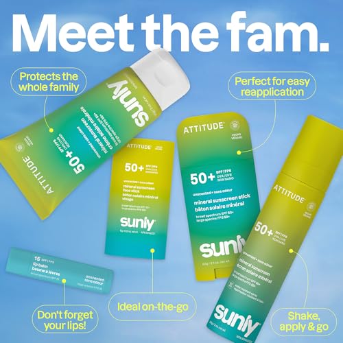 ATTITUDE Face Sunscreen Stick SPF 50, Broad Spectrum Zinc Oxide, EWG Verified, Non-Nano, Lightweight Non-Greasy, Vegan, Unscented, 0.53 oz