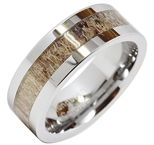 100S JEWELRY Tungsten Rings For Men Wedding Band Deer Antler Inlaid Hammer Flat Band Size 8-16 (10)