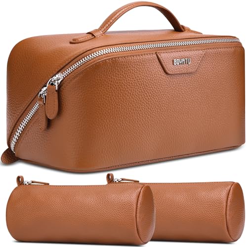BOYATU Genuine Leather Travel Makeup Bag: Hand-made 3 Pcs Set Cosmetic Bags
