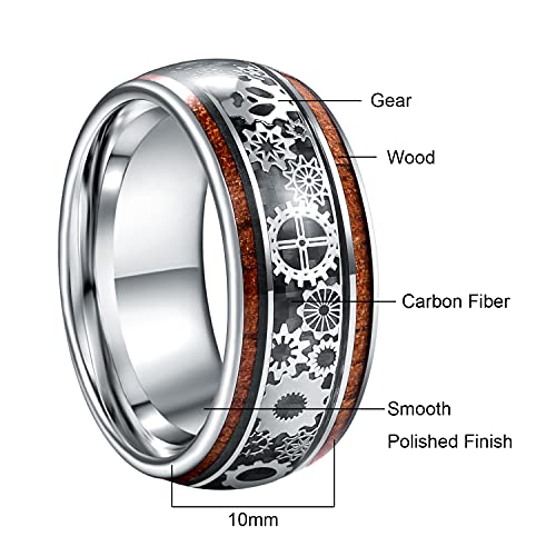 10mm Silver Tungsten Rings for Men Steampunk Gear & Wood Inlay Size 14