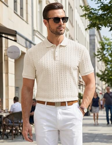 JMIERR Polo Shirts for Men Classic Fit Casual Ribbed Button Down Shirt Quiet Luxury Clothes Casual Collared Shirt, US43(L), Apricot
