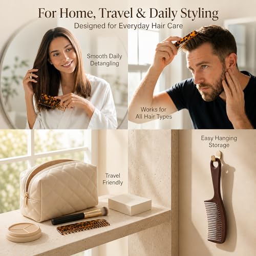 Wide Tooth Comb Set, 3-Piece Cellulose Acetate Detangler with 2 Travel Sizes and 1 Handled Home Comb, Anti-Static for Curly, Thick, Wavy, Wet or Dry Hair