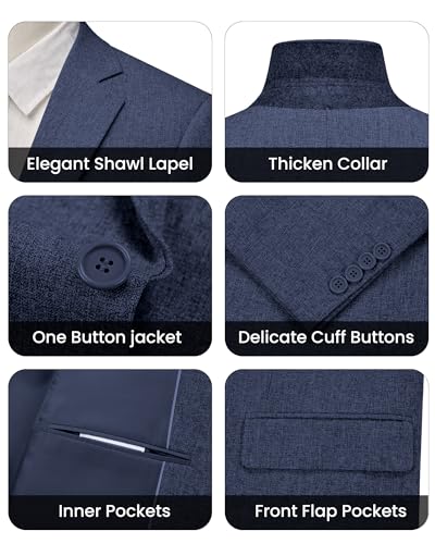 WULFUL Men's Slim Fit 2 Piece Suit, One Button Solid Blazer Business Party Jacket Pants Set Navy