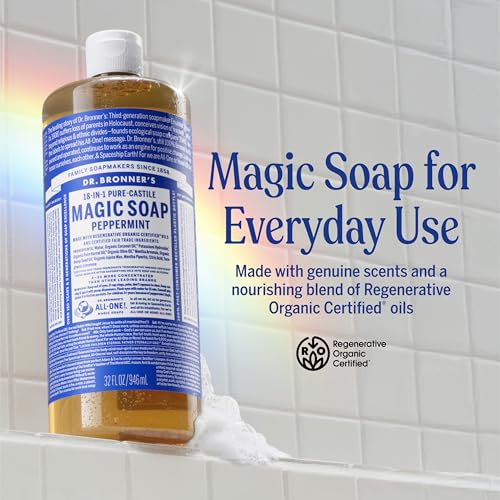 Dr. Bronner's Pure-Castile Magic Liquid Soap - Made with Regenerative Organic Certified Oils- 18-in-1 Uses for Face, Body, Hand, Hair, Laundry & More- Vegan, Non-GMO- Body Wash- Peppermint,32oz