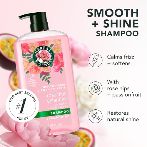 Herbal Essences Shampoo, Rose Hips + Passionfruit - Smooth Collection, Shiny Hair with Vitamin E & Jojoba, Safe for Color Treated Hair, Floral Scent, Cruelty-Free, Dermatologist-Tested, 29.2 Fl Oz
