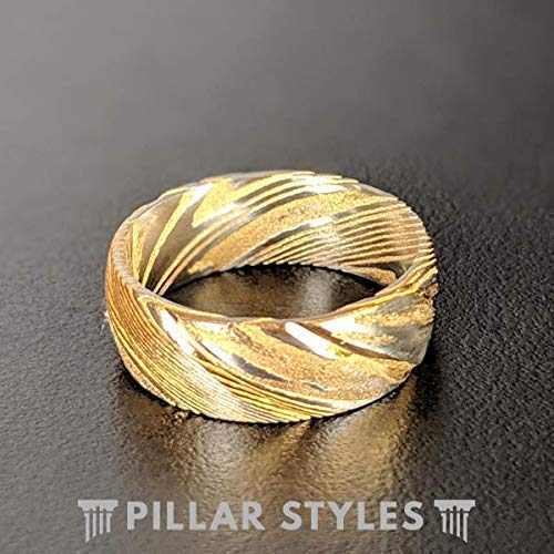 14K Gold Damascus Ring Mens Wedding Band Yellow Gold Damascus Steel Rings For Him Unique Wood Grain Pattern Comfort Fit Stainless Steel