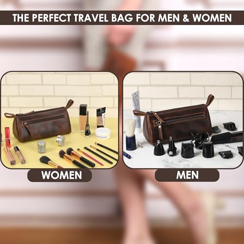 TheAntiq Leather Makeup Bag for Women – Genuine Leather Cosmetic Bag Travel, Handmade Zippered Makeup Pouch, Small Toiletry Bag, Shaving Kit & Stationery Organizer- Brown