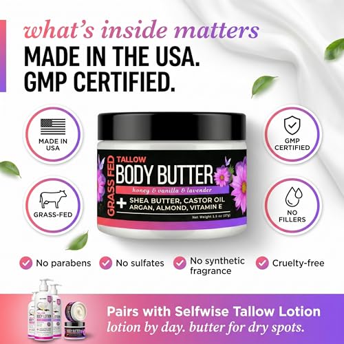 SELFWISE Beef Tallow Body Butter Cream - Grass-Fed Whipped Balm with Honey, Shea Butter, Castor Oil & Calendula - Non-Greasy, Long Lasting Hydration - for Extra Dry and Sensitive Skin.