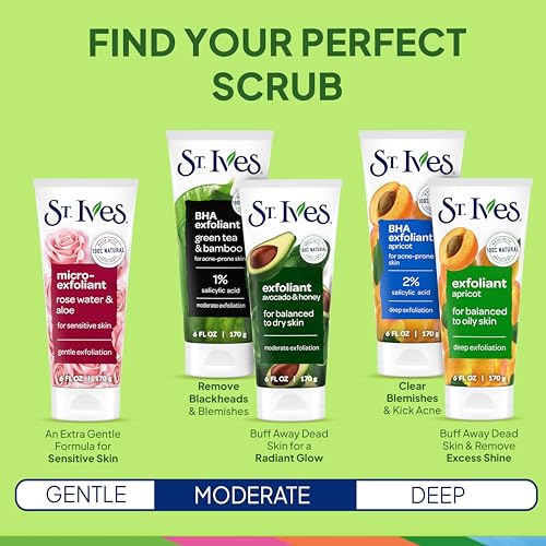 St. Ives Blackhead Clearing Face Scrub, Clears Blackheads & Unclogs Pores, Green Tea & Bamboo, Salicylic Acid Acne Treatment Facial Scrub, Moderate Exfoliator Skin Care with Natural Exfoliants 6 oz