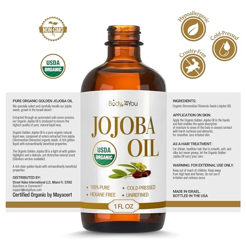 BodyJ4You Organic Golden Jojoba Oil - USDA 100% Pure Cold Pressed Unrefined