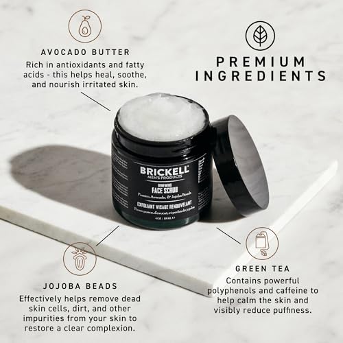 Brickell Men's Renewing Face Scrub for Men, Deep Exfoliating Facial Scrub Formulated with Pumice, Caffeine and Jojoba Beads, 4 Ounce, Scented
