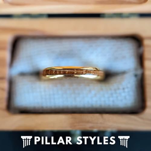 14K Yellow Gold Wedding Bands Womens Ring with Whisky Bourbon Wood Inlay Thin 4mm Gold Whiskey Barrel Ring Comfort Fit Tungsten Rings for Men Wooden Couples Ring Set
