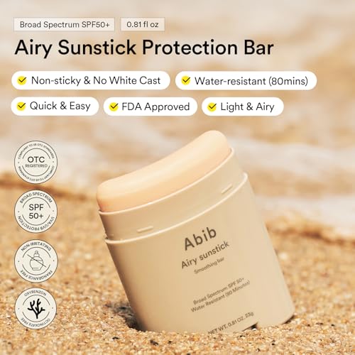 Abib Airy Sunstick Protection Bar SPF50+ Broad Spectrum, Semi-Matte Sunscreen Stick for Oily & Combination Skin, No White Cast, Water-Resistant, Korean Sunscreen, 0.81 oz / 23 g