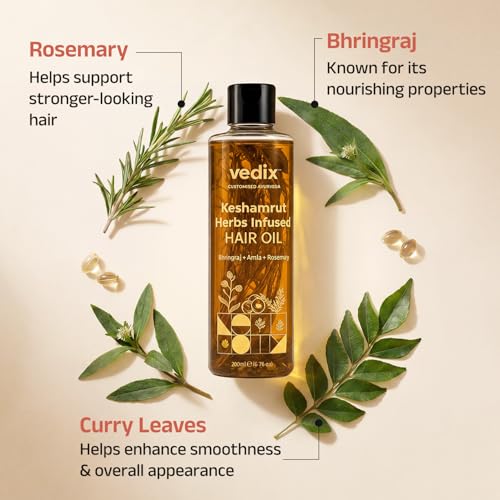 Vedix Keshamrut Herbs Infused Ayurvedic Hair Oil With Bhringraj, Amla & Rosemary I Control Hair Fall & Boost Hair Growth I 16+ Whole Herbs, Leaves & Flowers I No Mineral Oils & Chemicals (200ml)