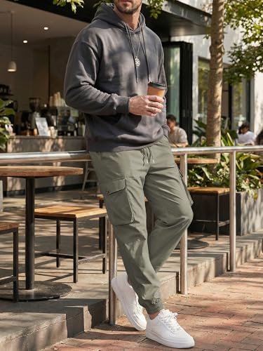 JMIERR Mens Fashion Cargo Joggers Pants - Casual Tapered Stretch Chino Athletic Sweatpants Drawstring Work Hiking Workout Trousers with Pockets Fall Clothing, XL, Olive Green